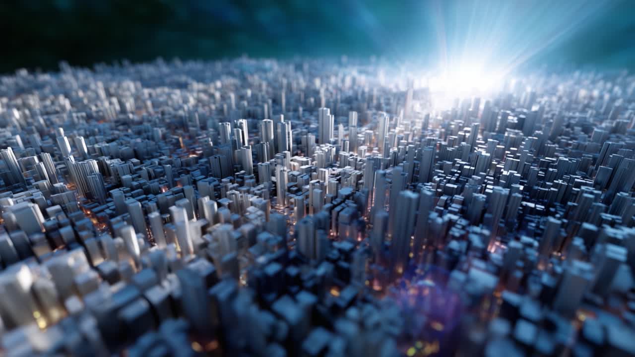 A Stunning Aerial View of a Futuristic Cityscape Glimmering with Light, Showcasing Towering Skyscrapers and a Vibrant Urban Terrain Beneath a Colorful Sky