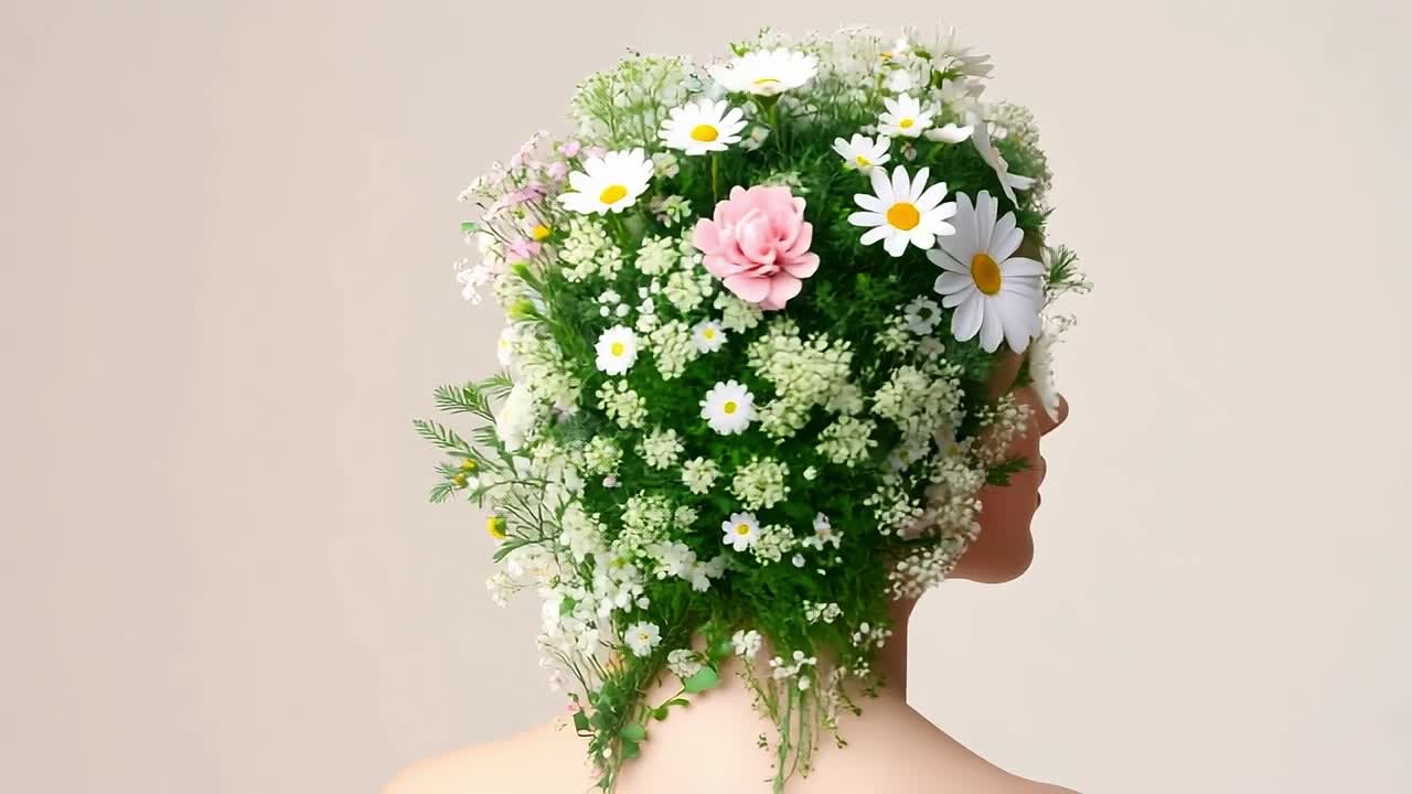 Floral head art for celebrations. A unique hairstyle with colorful flowers and greenery on the back, ideal for an artistic event.