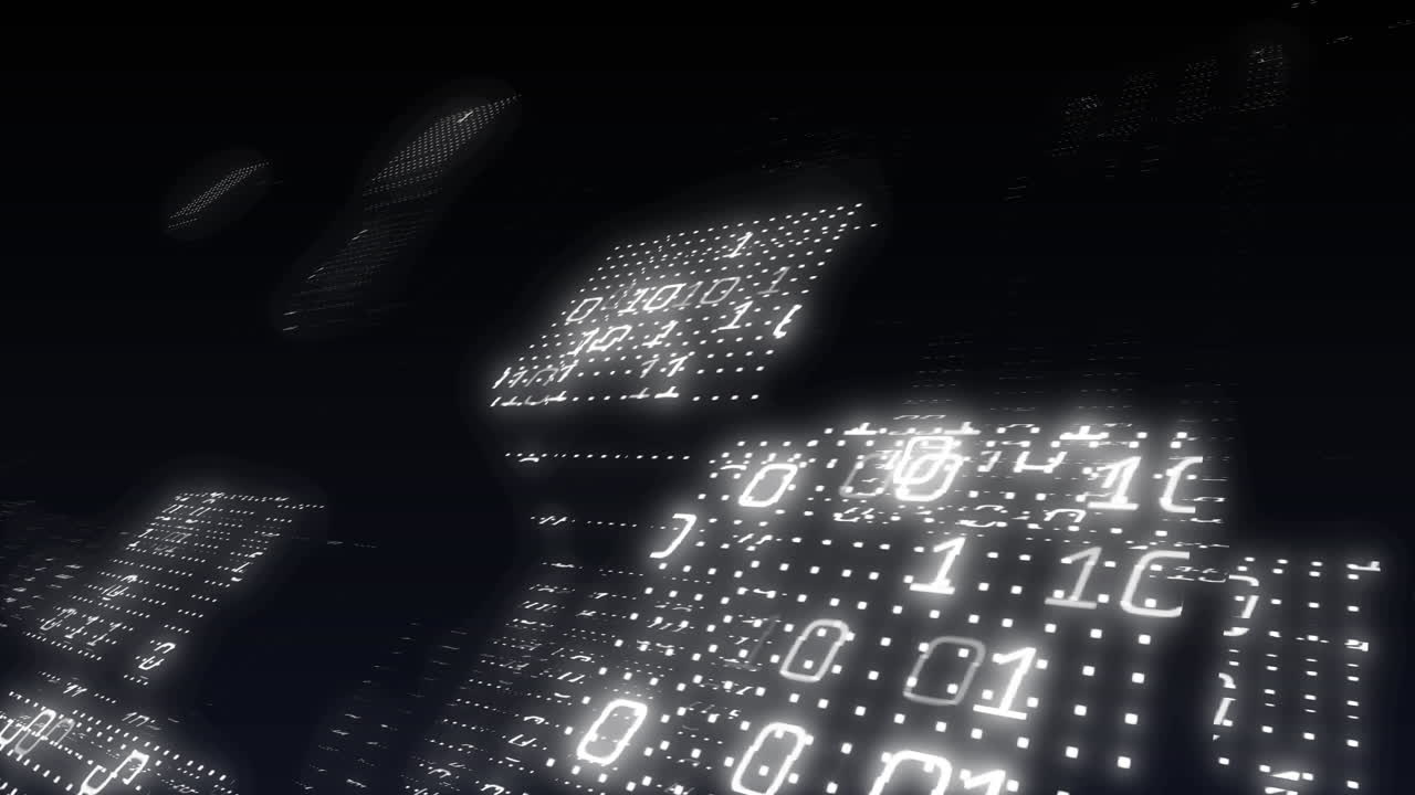 Animation of binary coding data processing over screens on black background