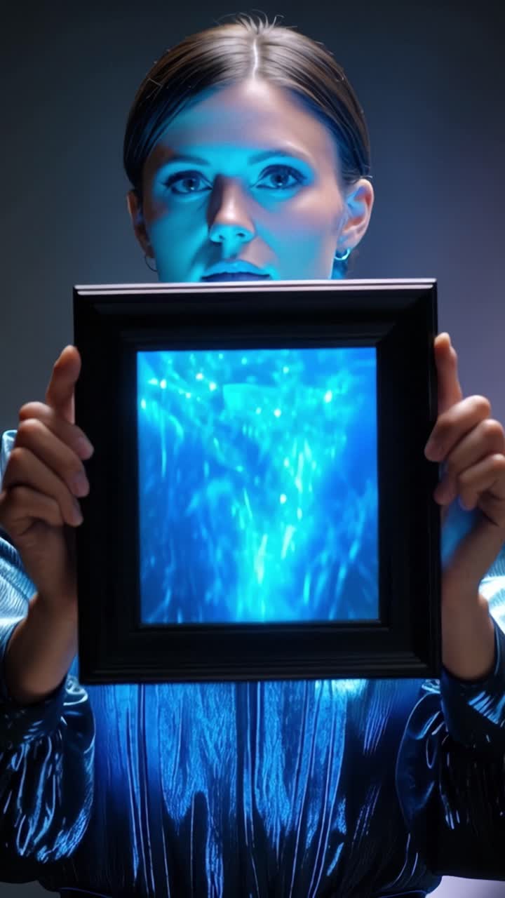 Una donna in un abito di velluto blu che tiene in mano un'immagine astratta blu incorniciata e luminosa in un ambiente con illuminazione drammatica, fondendo moda e arte digitale.