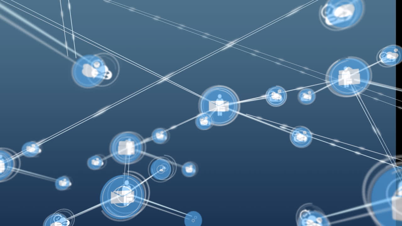 animación de una red de iconos digitales contra un fondo azul