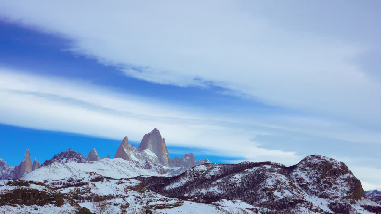 Smooth Panover of Mount Fitz Roy and Cerro Torre in a Snowbound Landscape. Los Glaciares National Park, Patagonia, Argentina