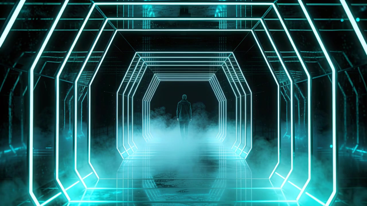 Walking dark-jacketed man taking first step toward dark tunnel end, neon hex frames reflecting fog