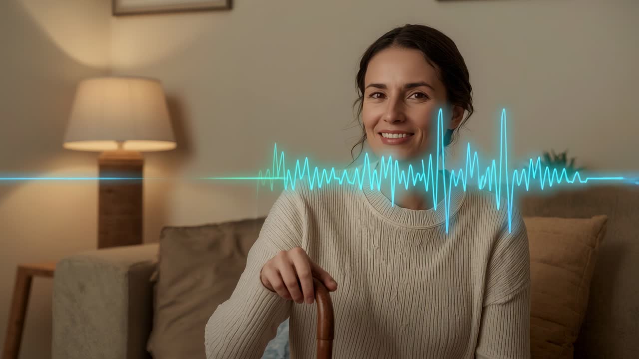 Faint waveform emerging left, pulsing across torso, smiling woman holding wooden cane on home sofa
