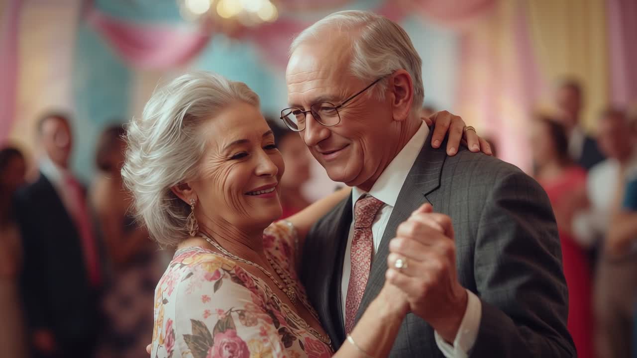 Holding hands, senior couple dancing slowly at banquet hall, floral dress and suit