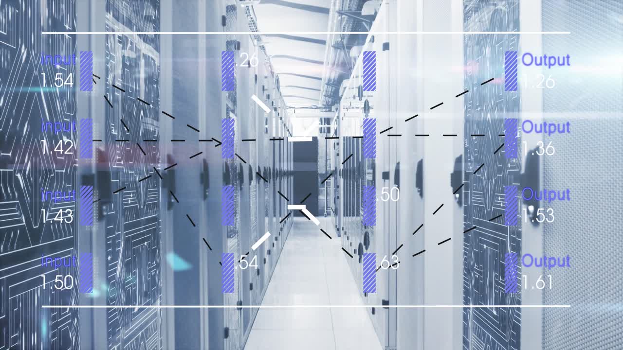 Animation of financial data processing over server room