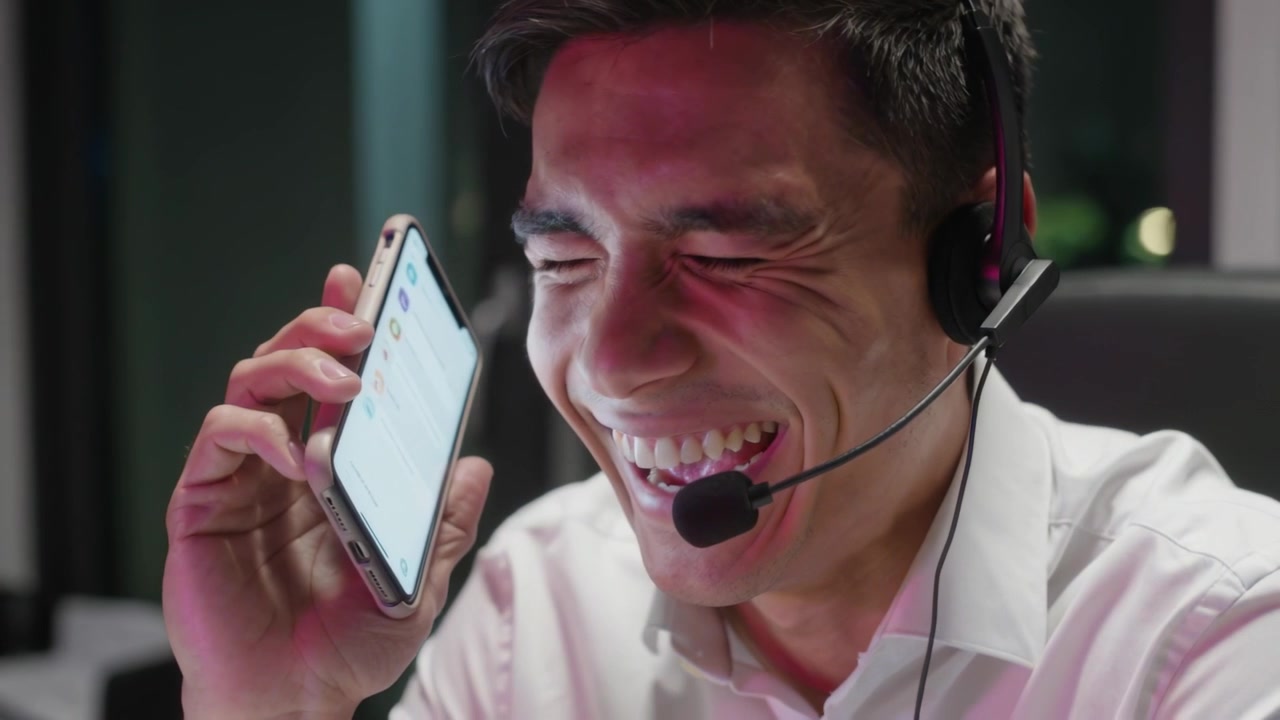 Answering inbound call, agent in white shirt with headset talking on phone at desk, helping caller
