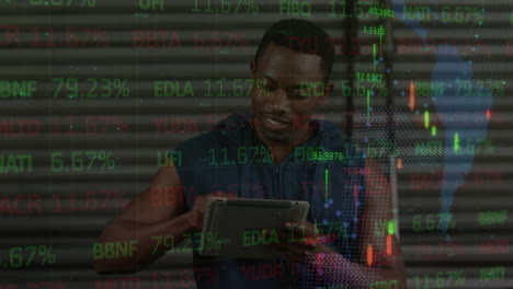 animación de procesamiento de datos financieros y mapa del mundo sobre hombre afroamericano usando tableta.