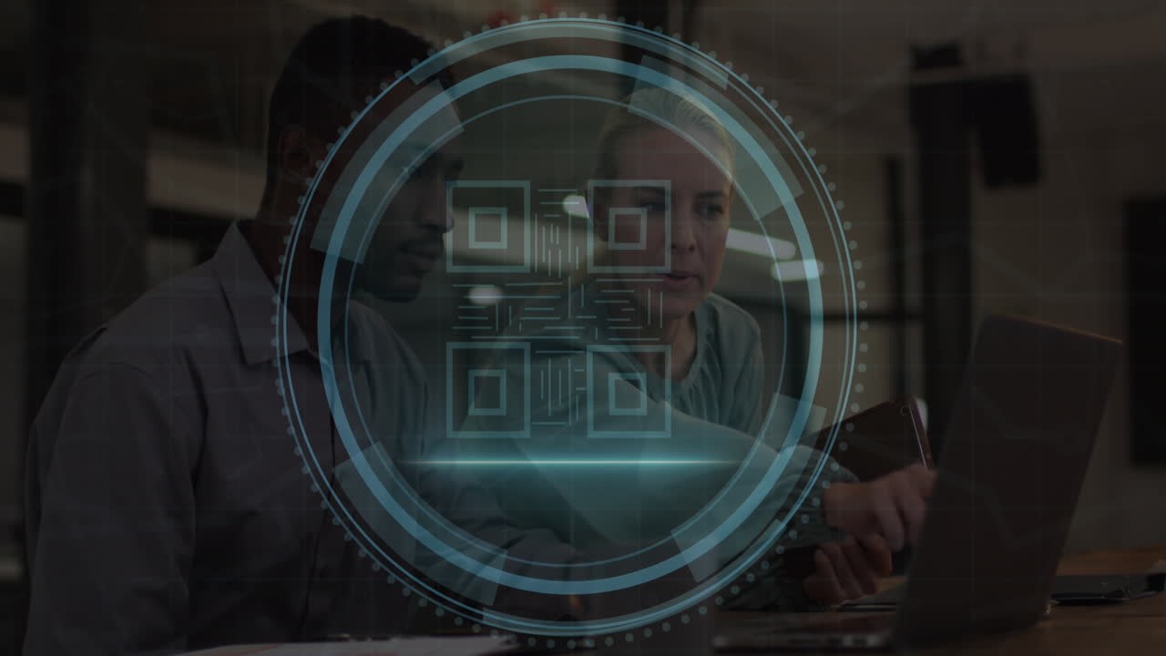 Animation of cyber security text, barcode icon, diverse woman discussing with man over laptop