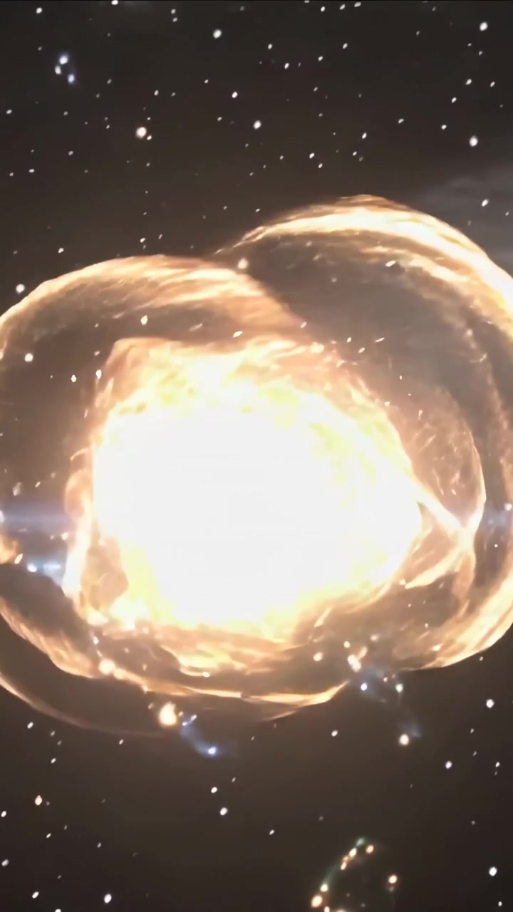Vertikal video: Blinkende kerne udvider sig til et stjernefelt og danner koncentriske ringe og filamenter.