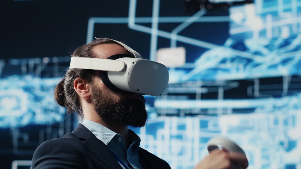 High tech expert uses vr glasses next to neural networks AI brain system