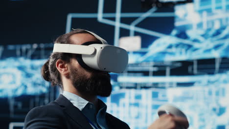 high tech expert uses vr glasses next to neural networks ai brain system