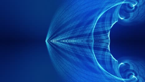 fondo de ciencia ficción con ondas de partículas. bucle de 4k fondo azul abstracto de partículas de brillo forman líneas curvas, superficies estructuras de espejo simétricas. fondo de holograma digital con partículas