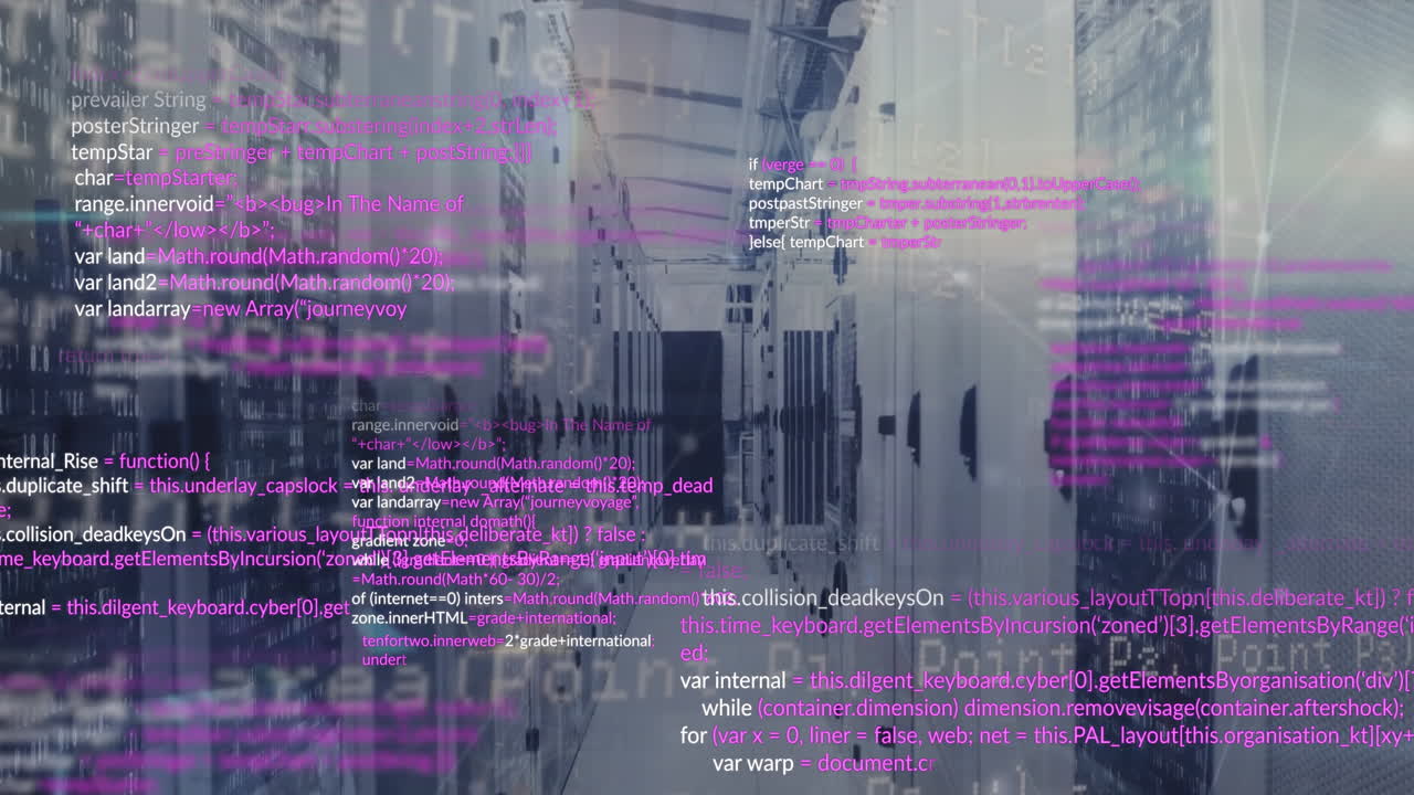 animación del procesamiento de datos y la red de conexiones contra la sala de servidores de computadoras