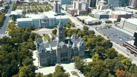 washington square clock tower and historic courthouse building aerial view