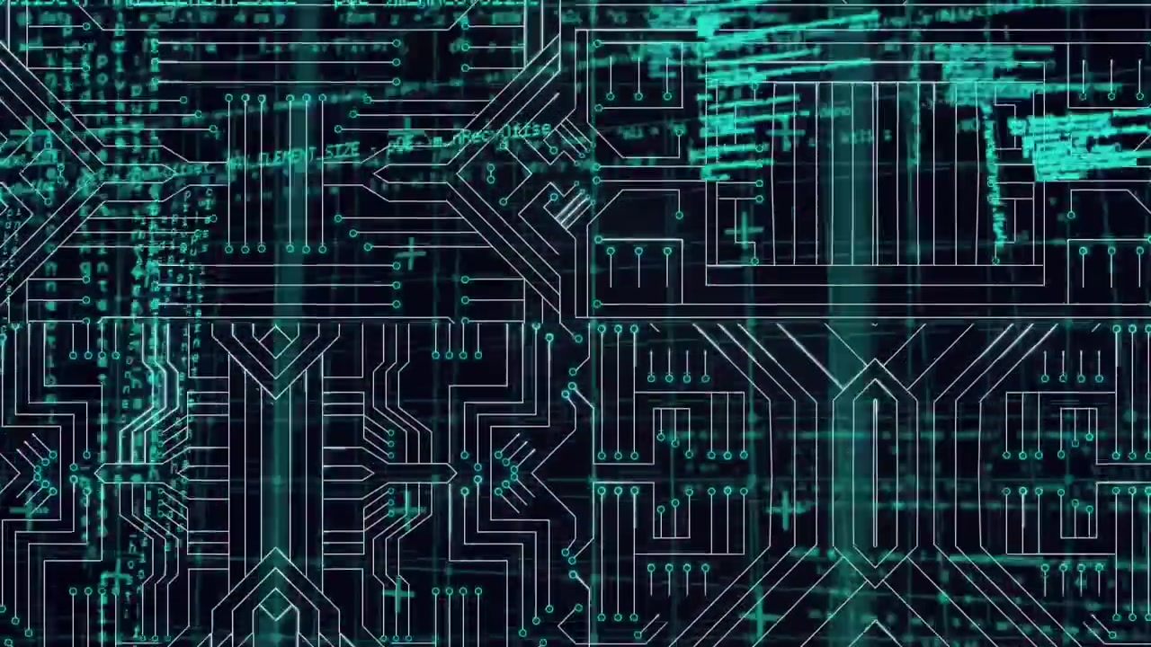Animation of computer circuit board over data processing on black background