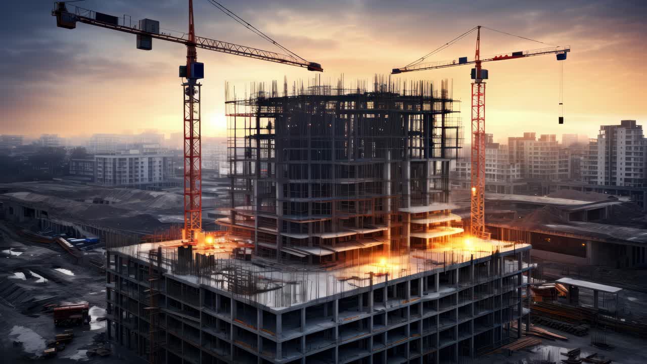 Aerial view of a construction site at sunset, showcasing cranes and a building framework