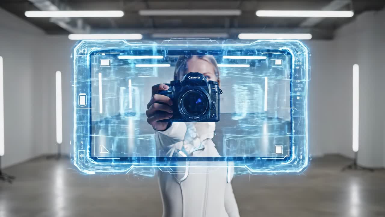 Futuristic Woman Interacting with Hologram Camera