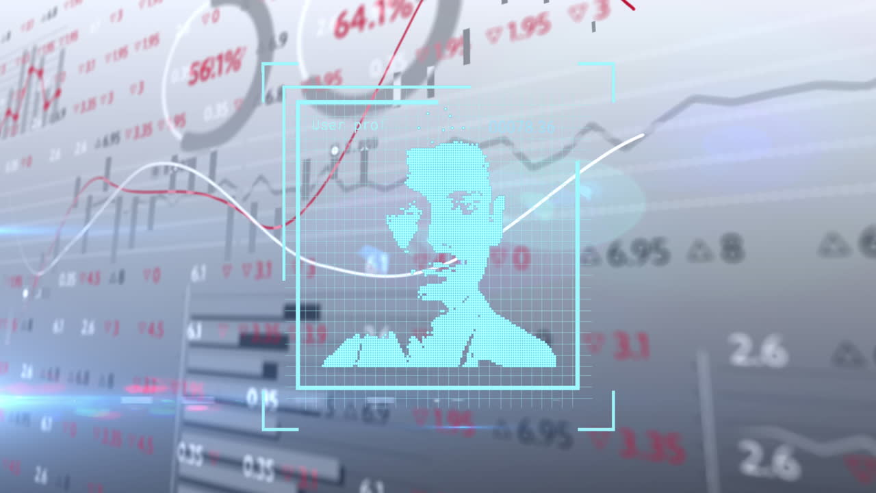 회색 배경에 있는 사용자 사진 위에 있는 금융 데이터의 애니메이션