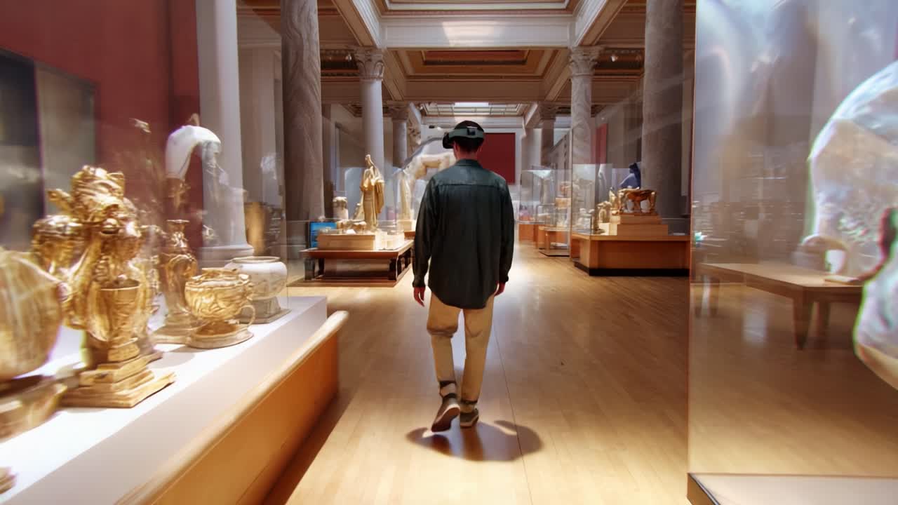 Exploring an Art Museum: A Visitor Strolls Through an Elegantly Displayed Gallery Filled with Exquisite Golden Sculptures and Artifacts, Immersed in Culture and History