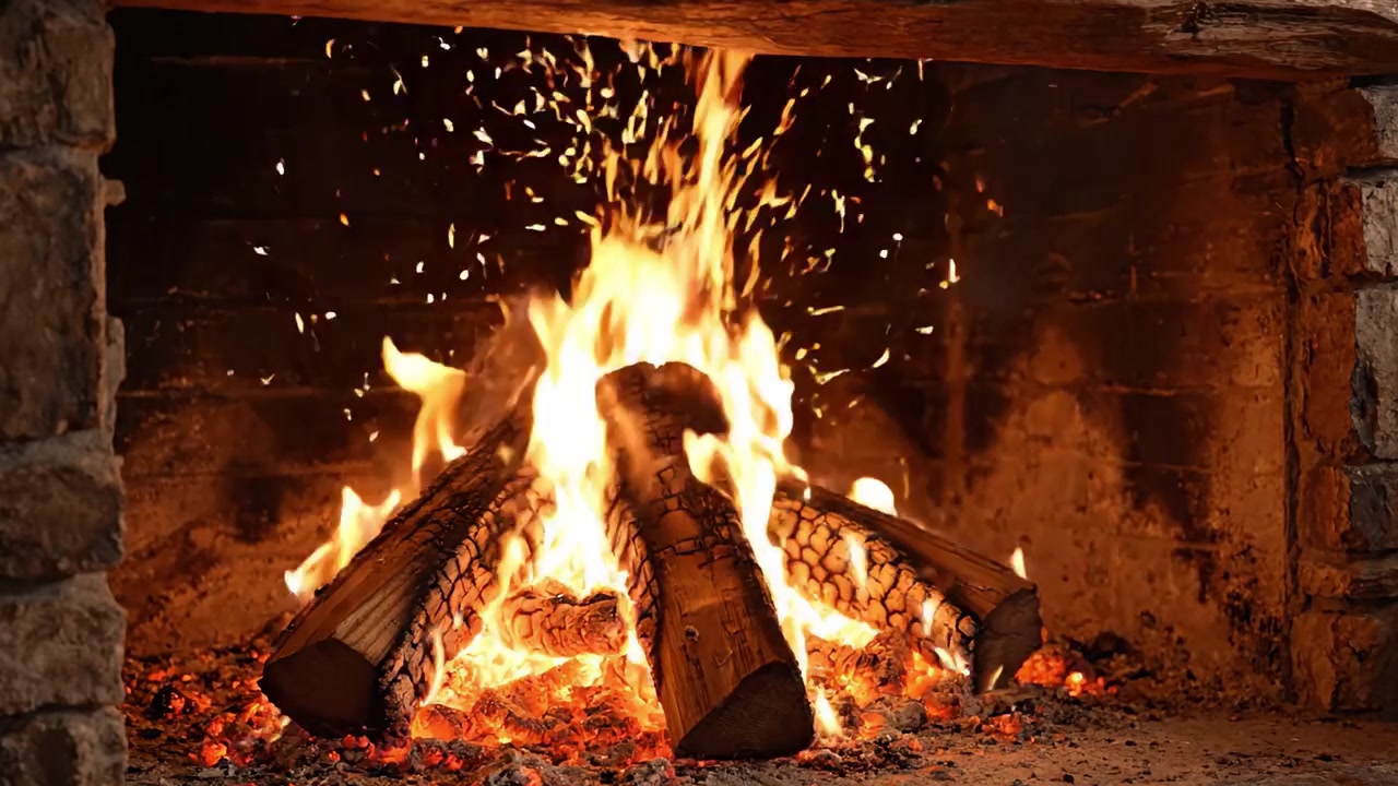Fiamme affascinanti che danzano in un accogliente camino, emanando calore e luce, creando un'atmosfera invitante in una baita.