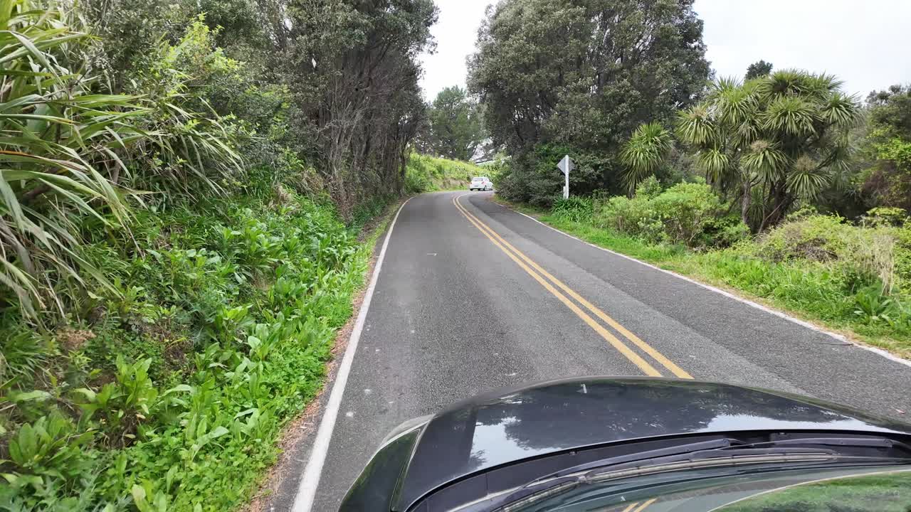 Slow motion car driving up green tree and bush lined hill.