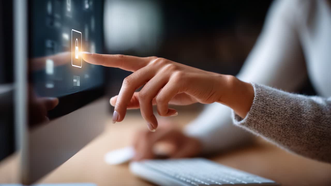 User interacting with a computer interface, focusing on a secure lock icon, indicating actions related to security and privacy in a digital environment