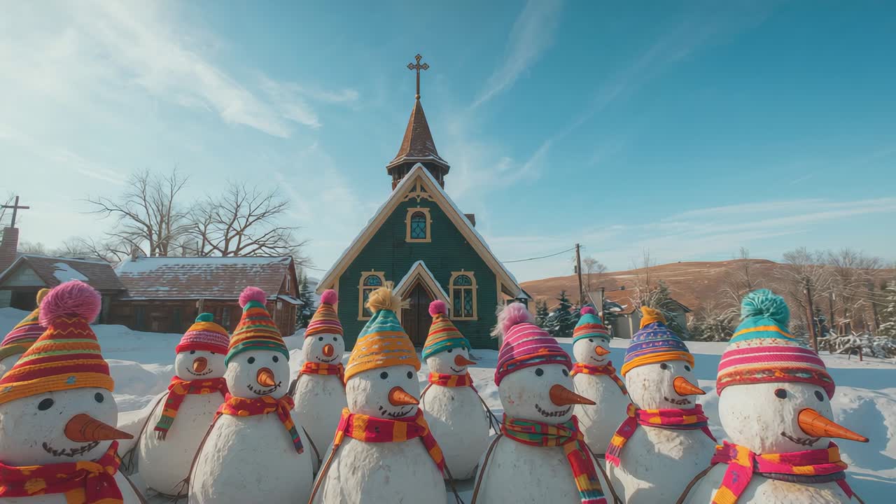 Panning camera after static shot revealing snowmen in knit hats scarves outside church steeple