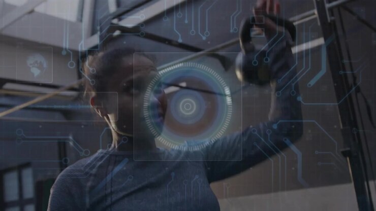 Woman training scanning gym, spotting kettlebell, lifting to shoulder while HUD overlay tracking
