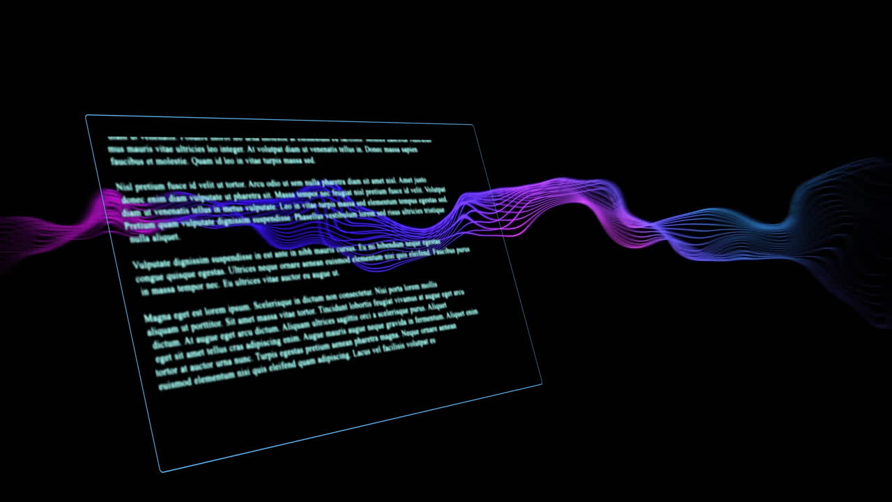 Text animation over flowing neon waves on black background