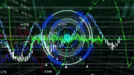 Financial-data-processing-and-multiple-profile-icons-over-neon-round-scanner-on-black-background