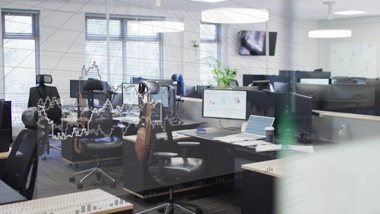 Line area chart appearing over desks, growing rightward while glare fading, showing data trends