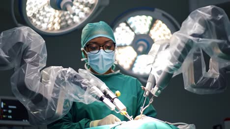 a skilled surgeon performing precision surgery using advanced robotic instruments in a modern operating room, showcasing intricate technology and focused expertise.