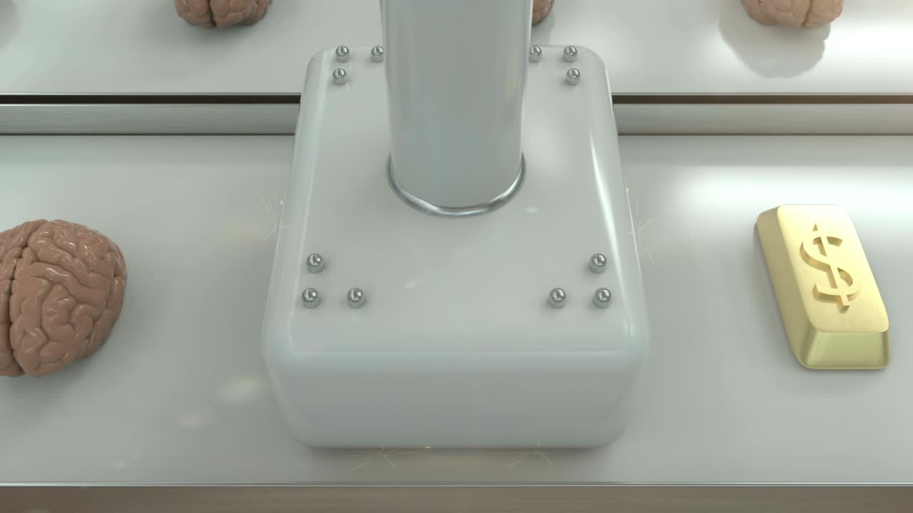 3d 루프 애니메이션은 뇌를 금으로 변환시니다. 마음은 성공과 재정적 행복의 열입니다. 또한 다른 사람들의 지식을 자신의 풍요로움을 위해 사용하는 개념입니다.