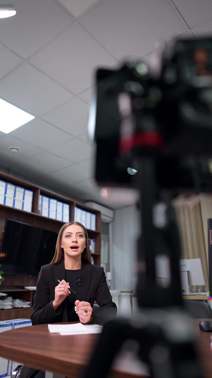 Lady in black jacket speaking distinctly and gesturing to camera. Educative blog creation. Vertical video.