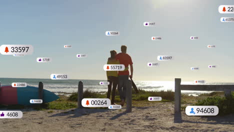 pareja caminando por la playa con animación de notificación de redes sociales sobre la escena