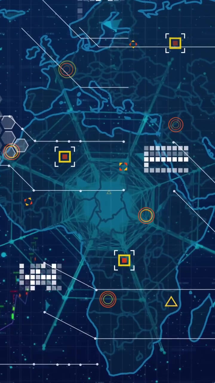 Animation of icons, data and world map on navy background