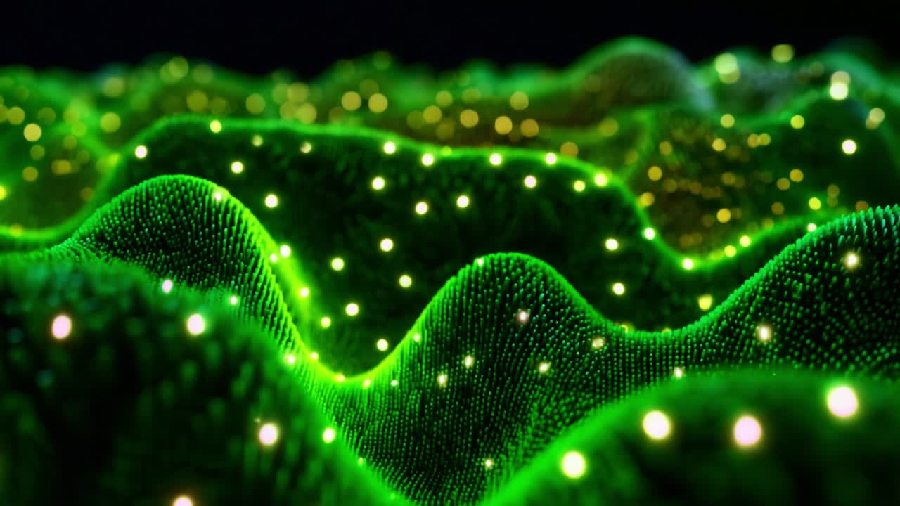 Captivating Green Waves with Illuminated Dots Creating a Mesmerizing Visual Display of Light and Texture, Perfect for Engaging Digital Art and Futuristic Backgrounds in Ambient Settings