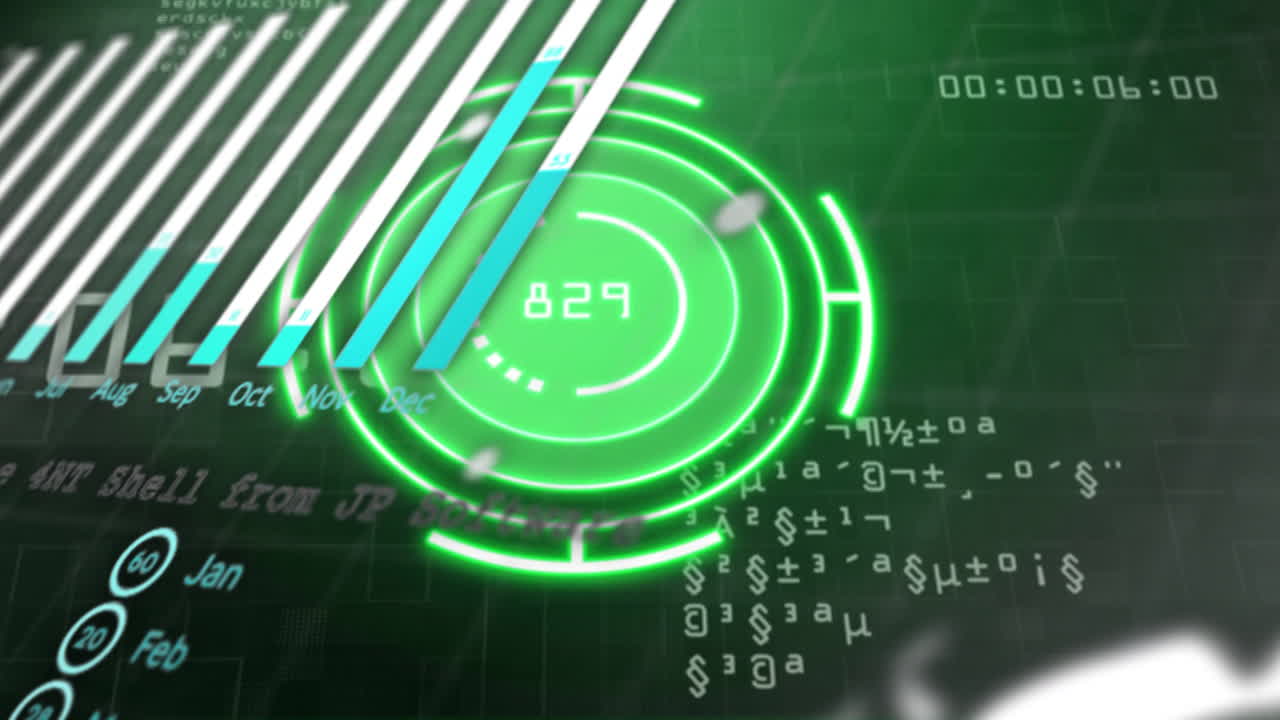 Green circular digital interface with numbers and symbols over data processing animation