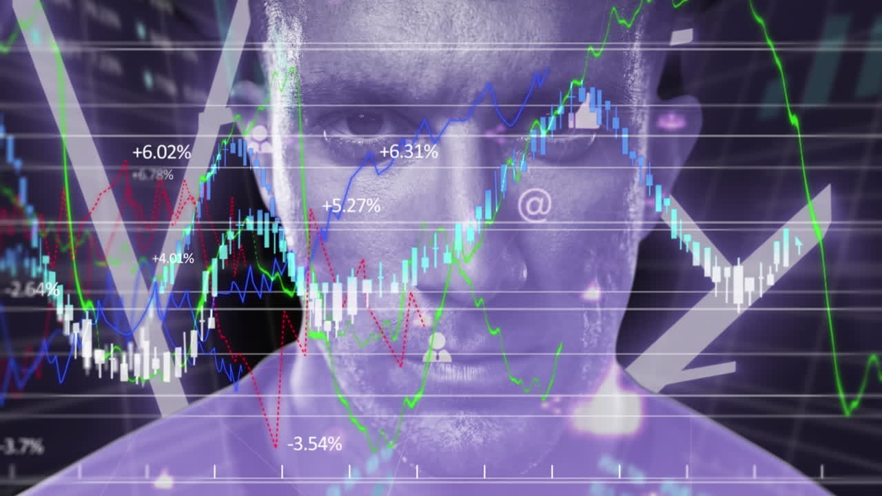 검은색 배경에 데이터 처리 및 백인 남자의 애니메이션