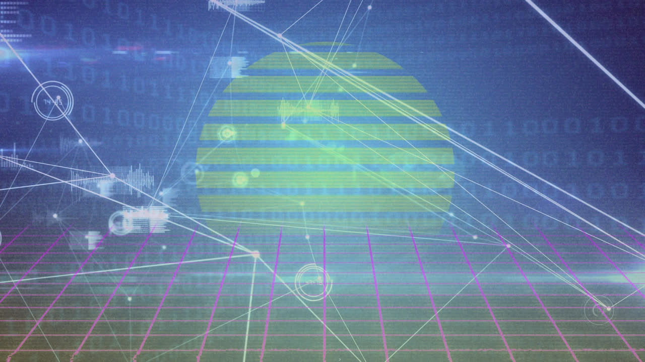 Animation of network of connections with icons over binary coding data processing