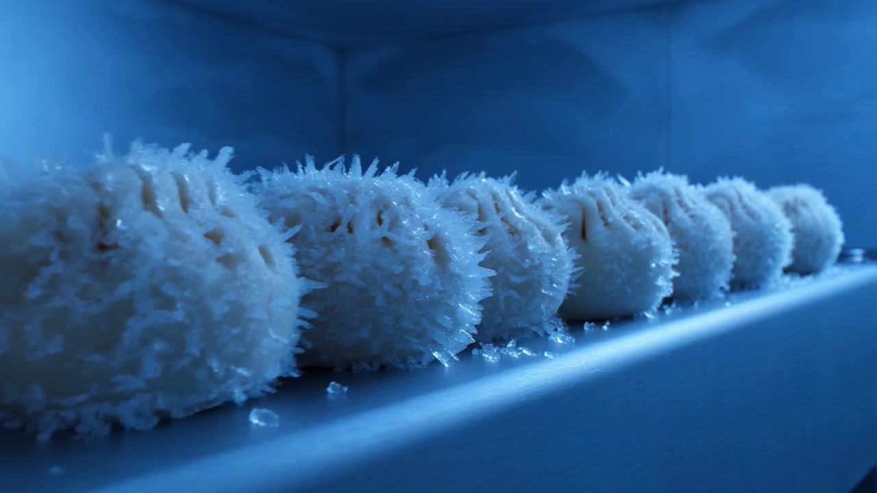 Time lapse di ravioli che si congelano in un congelatore commerciale