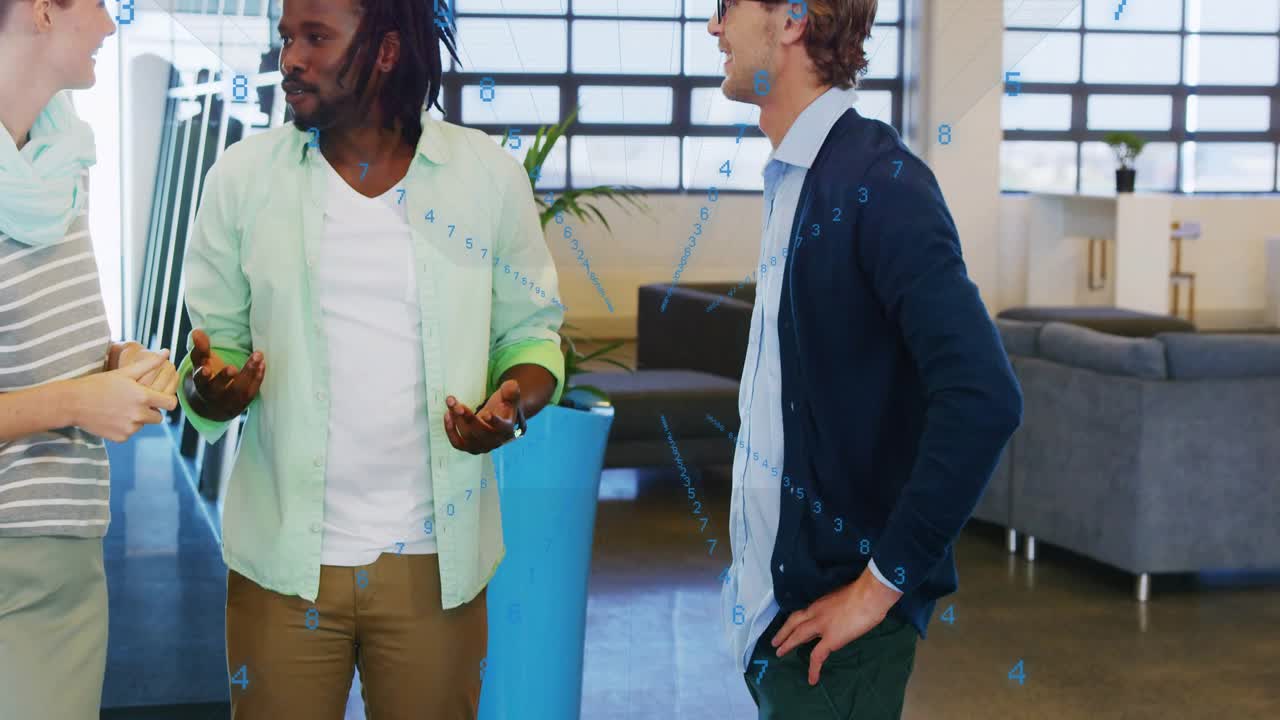 three colleagues tapping smartphone presenting business data with animated metric highlights