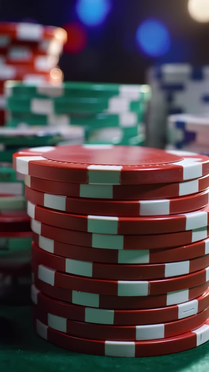 Colorate fiches da poker da casinò impilate su un tavolo verde, che mostrano vivaci colori rossi, blu e bianchi su uno sfondo sfocato e illuminato.