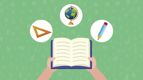 vuelta a la escuela libro de texto y suministros de animación