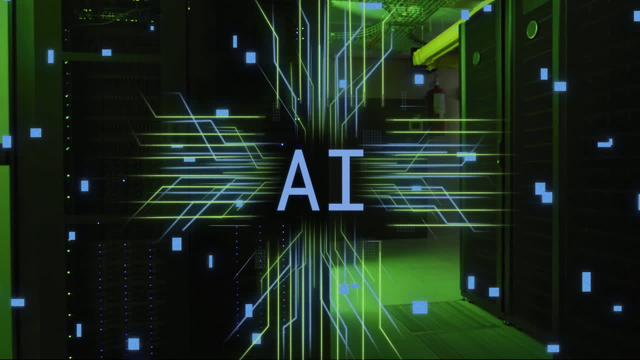 Animation of ai text, digital data processing and circuit board over computer servers