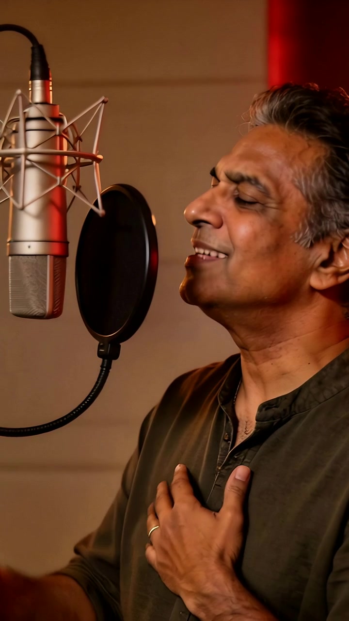 Video verticale: Cantante in maglietta color oliva registra in studio, con una mano sul petto mentre canta nel microfono.