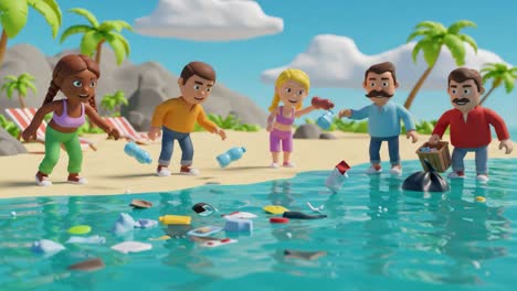 animated characters cleaning up beach pollution: engaging scene of friends working together to remove trash and protect the ocean environment