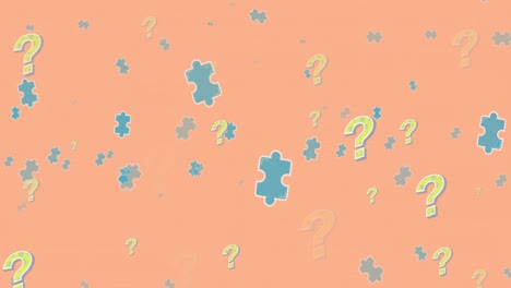 Animation-of-puzzles-and-question-marks-floating-over-orange-background