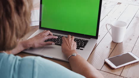 Over-shoulder-view-of-a-senior-black-woman-sitting-at-a-table-using-a-laptop-computer,-close-up